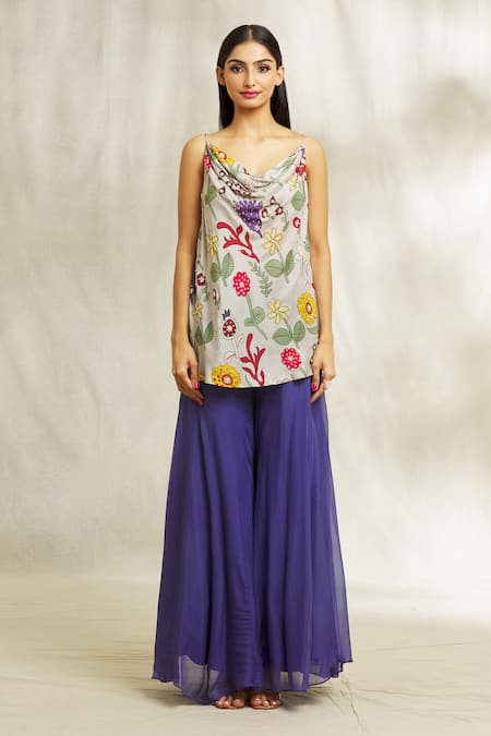 Divya Kanakia Grey Silk, Organza, Satin Pearls, Sequins Cowl Floral Print Kurta And Sharara Set Online at Aza Fashions Divya Kanakia_Grey Silk, Organza, Satin Pearls, Sequins Cowl Floral Print Kurta And Sharara Set _Online_at_Aza_Fashions