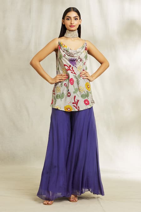 Buy Divya Kanakia Grey Silk, Organza, Satin Pearls, Sequins Cowl Floral Print Kurta And Sharara Set Online at Aza Fashions Buy_Divya Kanakia_Grey Silk, Organza, Satin Pearls, Sequins Cowl Floral Print Kurta And Sharara Set _Online_at_Aza_Fashions