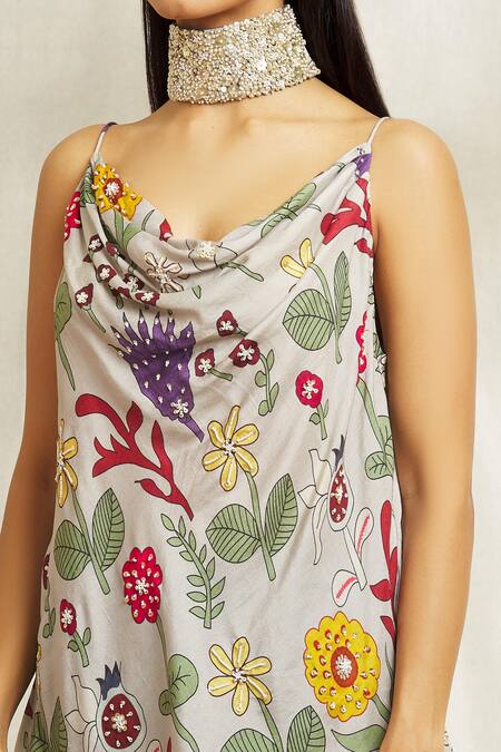 Shop Divya Kanakia Grey Silk, Organza, Satin Pearls, Sequins Cowl Floral Print Kurta And Sharara Set Online at Aza Fashions Shop_Divya Kanakia_Grey Silk, Organza, Satin Pearls, Sequins Cowl Floral Print Kurta And Sharara Set _Online_at_Aza_Fashions