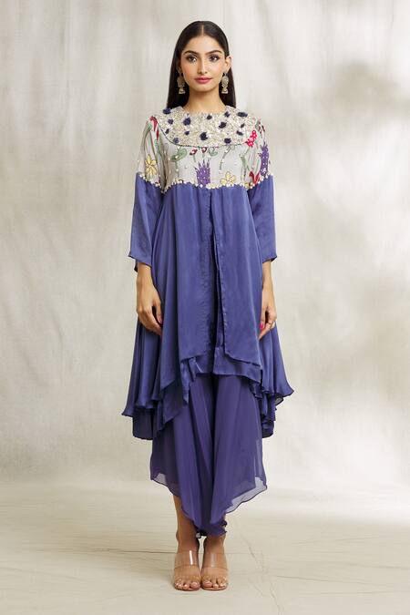 Divya Kanakia Blue Satin, Organza Pearls, Sequins Round Neck Floral Print Kurta And Palazzo Set Online at Aza Fashions Divya Kanakia_Blue Satin, Organza Pearls, Sequins Round Neck Floral Print Kurta And Palazzo Set _Online_at_Aza_Fashions