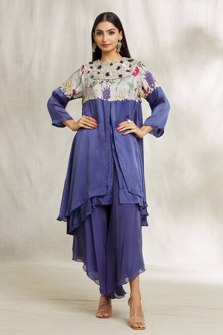 Buy Divya Kanakia Blue Satin, Organza Pearls, Sequins Round Neck Floral Print Kurta And Palazzo Set Online at Aza Fashions Buy_Divya Kanakia_Blue Satin, Organza Pearls, Sequins Round Neck Floral Print Kurta And Palazzo Set _Online_at_Aza_Fashions