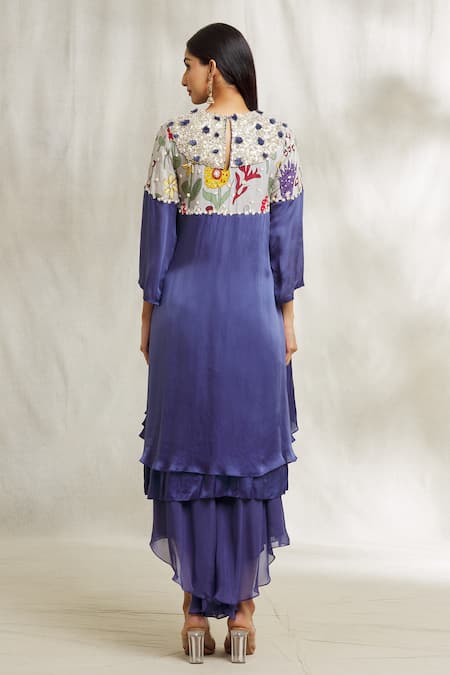 Shop Divya Kanakia Blue Satin, Organza Pearls, Sequins Round Neck Floral Print Kurta And Palazzo Set at Aza Fashions Shop_Divya Kanakia_Blue Satin, Organza Pearls, Sequins Round Neck Floral Print Kurta And Palazzo Set _at_Aza_Fashions