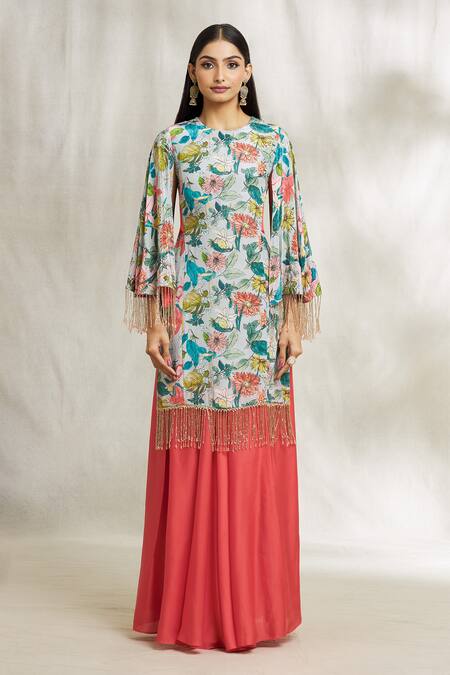 Buy_Divya Kanakia_Blue Crepe, Silk Tassels, Embroidery, Floral Print Kurta And Pleated Sharara Set _Online_at_Aza_Fashions