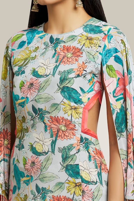 Shop_Divya Kanakia_Blue Crepe, Silk Tassels, Embroidery, Floral Print Kurta And Pleated Sharara Set _Online_at_Aza_Fashions