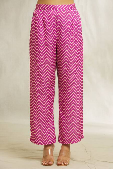 Divya Kanakia Magenta Satin Lace V-neck Chevron Print Kurta And Pant Set at Aza Fashions Divya Kanakia_Magenta Satin Lace V-neck Chevron Print Kurta And Pant Set _at_Aza_Fashions