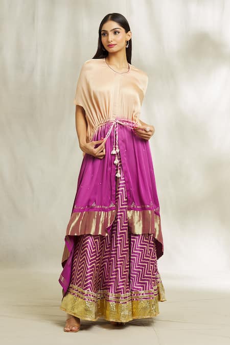 Divya Kanakia Magenta Top Modal Satin Printed And Embroidered Chevron Cape & Lehenga Set 