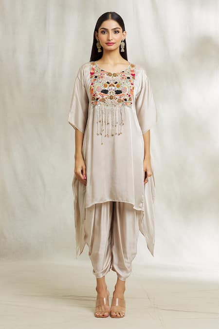Shop Divya Kanakia Grey Satin, Organza Pearls, Beads, Sequins Embroidered Kurta Dhoti Pant Set Online at Aza Fashions Shop_Divya Kanakia_Grey Satin, Organza Pearls, Beads, Sequins Embroidered Kurta Dhoti Pant Set _Online_at_Aza_Fashions