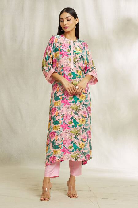 Buy_Divya Kanakia_Pink Crepe, Cotton Tassels Round Neck Floral Print Kurta And Pant Set _Online_at_Aza_Fashions