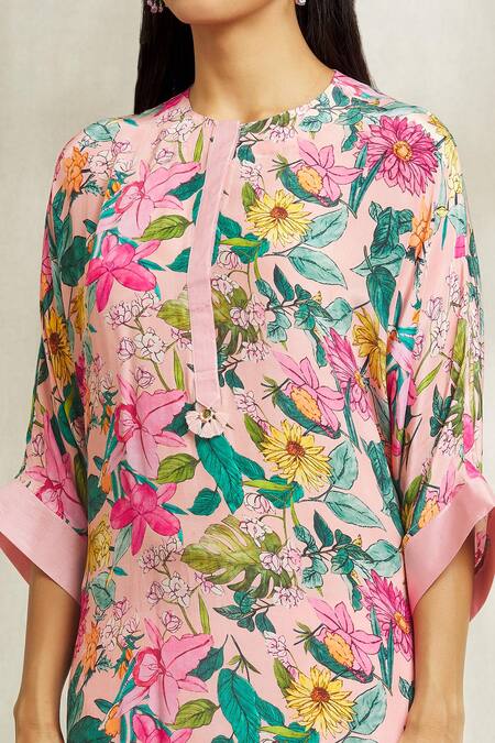 Shop_Divya Kanakia_Pink Crepe, Cotton Tassels Round Neck Floral Print Kurta And Pant Set _Online_at_Aza_Fashions