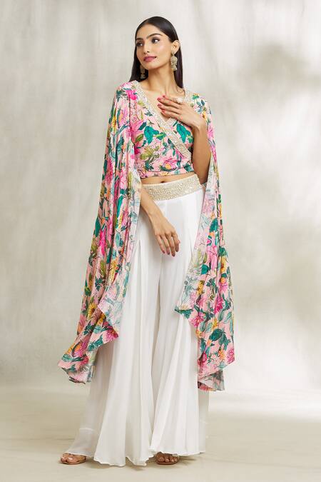 Buy_Divya Kanakia_Pink Crepe Pearls, Rhinestones, Zari V-neck Floral Print Top And Sharara Set 