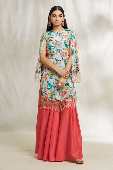 Divya Kanakia_Blue Crepe, Silk Tassels, Embroidery, Floral Print Kurta And Pleated Sharara Set _at_Aza_Fashions