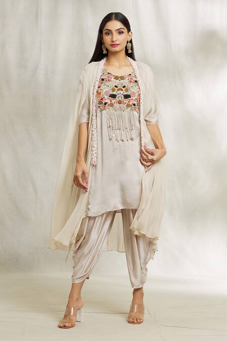 Divya Kanakia Grey Satin, Organza Pearls, Beads, Sequins Embroidered Kurta Dhoti Pant Set at Aza Fashions Divya Kanakia_Grey Satin, Organza Pearls, Beads, Sequins Embroidered Kurta Dhoti Pant Set _at_Aza_Fashions