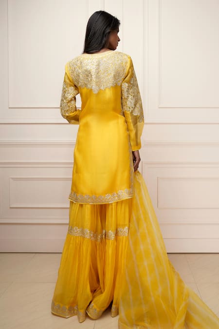 Shop Kyra By Bhavna Yellow Organza, Chanderi Gota Patti Round Neck Embroidered Kurta Gharara Set at Aza Fashions Shop_Kyra By Bhavna_Yellow Organza, Chanderi Gota Patti Round Neck Embroidered Kurta Gharara Set _at_Aza_Fashions