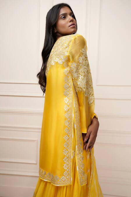 Kyra By Bhavna Yellow Organza, Chanderi Gota Patti Round Neck Embroidered Kurta Gharara Set Online at Aza Fashions Kyra By Bhavna_Yellow Organza, Chanderi Gota Patti Round Neck Embroidered Kurta Gharara Set _Online_at_Aza_Fashions