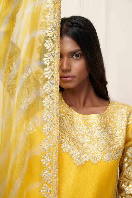 Buy Kyra By Bhavna Yellow Organza, Chanderi Gota Patti Round Neck Embroidered Kurta Gharara Set Online at Aza Fashions Buy_Kyra By Bhavna_Yellow Organza, Chanderi Gota Patti Round Neck Embroidered Kurta Gharara Set _Online_at_Aza_Fashions