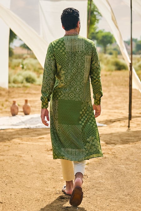 Shop_Punit Balana_Green Satin Silk Printed Bandhani Kurta Set _at_Aza_Fashions