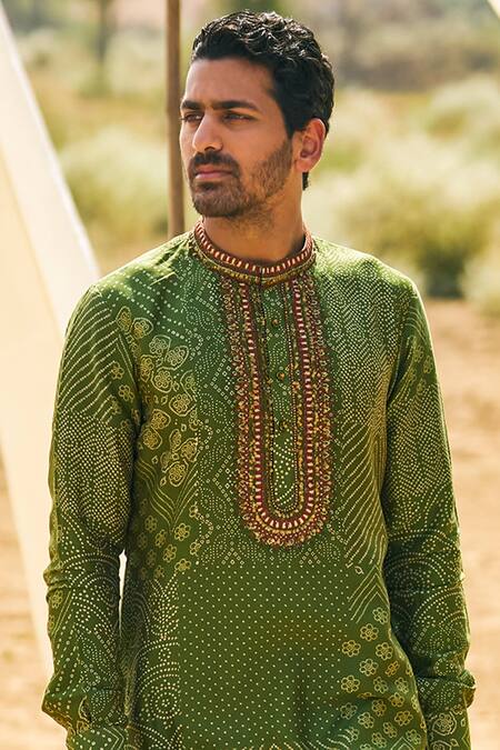 Punit Balana_Green Satin Silk Printed Bandhani Kurta Set _Online_at_Aza_Fashions