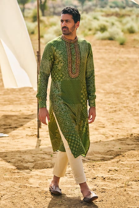 Buy_Punit Balana_Green Satin Silk Printed Bandhani Kurta Set _Online_at_Aza_Fashions