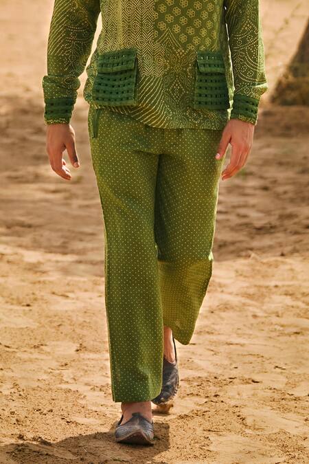 Punit Balana_Green Linen Embroidery Bandhani Print Hoodie And Pant Set _Online_at_Aza_Fashions