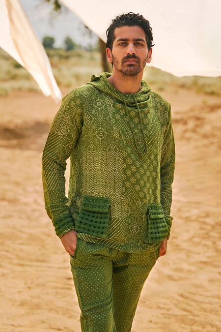 Buy_Punit Balana_Green Linen Embroidery Bandhani Print Hoodie And Pant Set _Online_at_Aza_Fashions