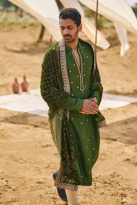 Punit Balana_Green Tussar, Velvet, Floral Buttis Kurta Set With Bandhani Print Dushala _Online_at_Aza_Fashions