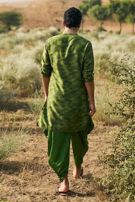 Shop_Punit Balana_Green Satin, Chanderi Silk Embroidery Ranthambhor Kurta And Cowl Pant Set _at_Aza_Fashions