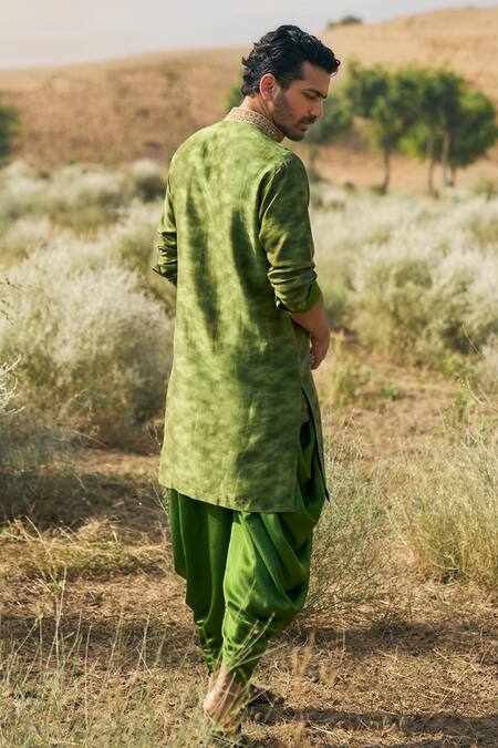 Punit Balana_Green Satin, Chanderi Silk Embroidery Ranthambhor Kurta And Cowl Pant Set _Online_at_Aza_Fashions