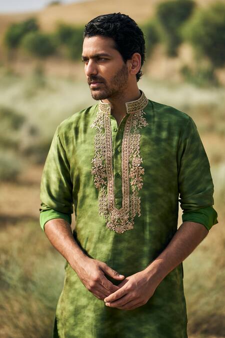 Buy_Punit Balana_Green Satin, Chanderi Silk Embroidery Ranthambhor Kurta And Cowl Pant Set _Online_at_Aza_Fashions