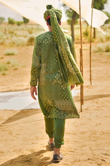 Shop_Punit Balana_Green Satin, Silk Embroidery Bandhani Print Kurta With Joggers Pant _at_Aza_Fashions