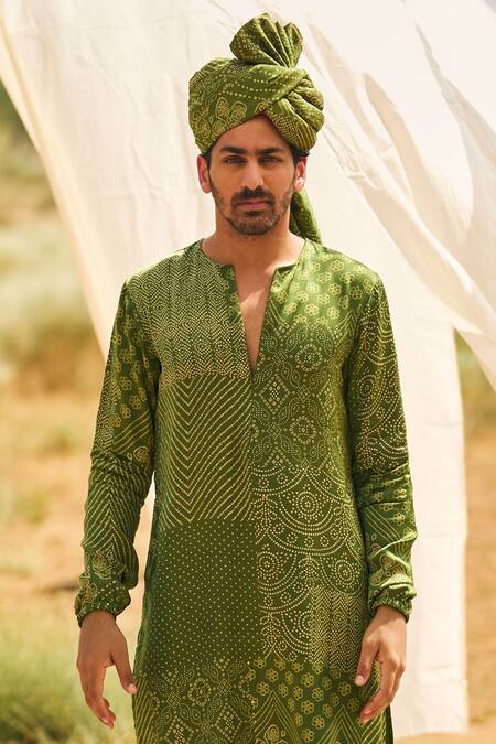 Punit Balana_Green Satin, Silk Embroidery Bandhani Print Kurta With Joggers Pant _Online_at_Aza_Fashions