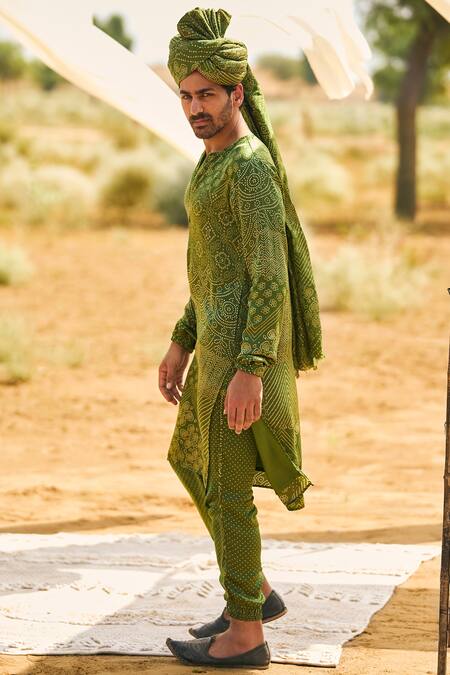Shop_Punit Balana_Green Satin, Silk Embroidery Bandhani Print Kurta With Joggers Pant _Online_at_Aza_Fashions