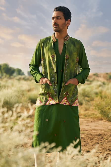 Buy_Punit Balana_Green Tussar, Satin Embroidery Ranthambhor Print Bundi And Kurta Set _Online_at_Aza_Fashions