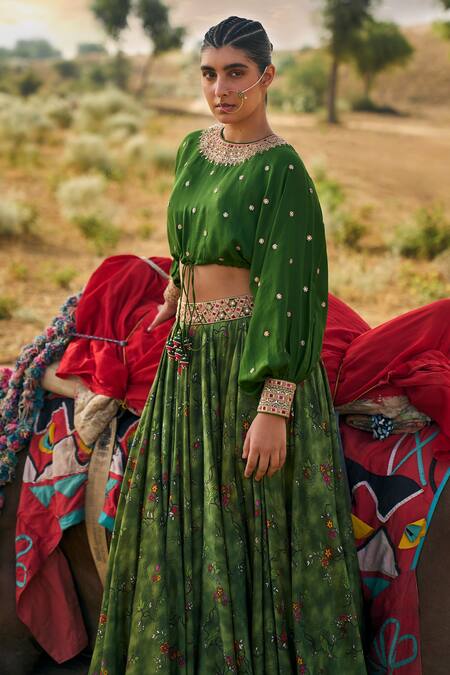 Punit Balana_Green , Chanderi Kumari Ranthambore Print Lehenga Crop Top Set _Online_at_Aza_Fashions