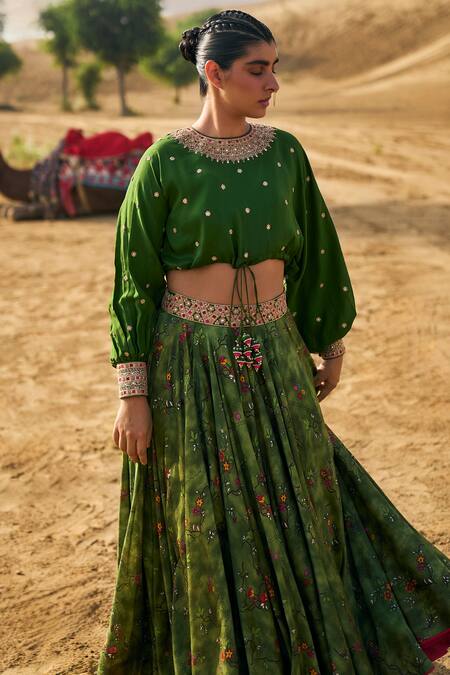 Buy_Punit Balana_Green , Chanderi Kumari Ranthambore Print Lehenga Crop Top Set _Online_at_Aza_Fashions