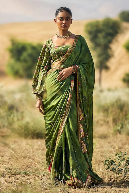 pine green saree with silk blouse 1710