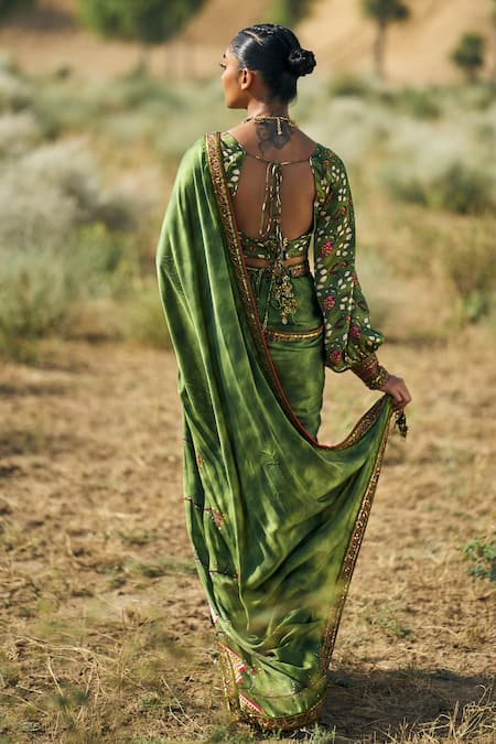 Shop_Punit Balana_Green Silk Embroidery Square Neck Ranthambore Print Saree Blouse Set _at_Aza_Fashions