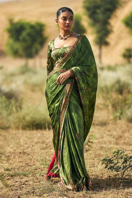 Punit Balana_Green Silk Embroidery Square Neck Ranthambore Print Saree Blouse Set _Online_at_Aza_Fashions