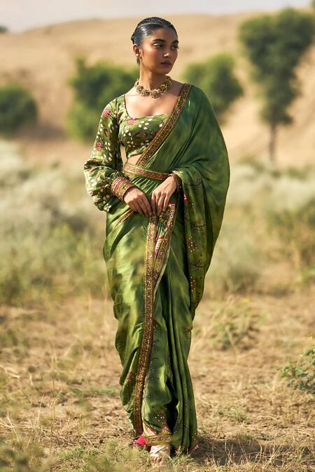 Buy_Punit Balana_Green Silk Embroidery Square Neck Ranthambore Print Saree Blouse Set _Online_at_Aza_Fashions