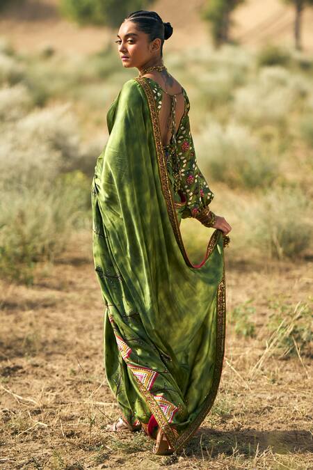 Shop_Punit Balana_Green Silk Embroidery Square Neck Ranthambore Print Saree Blouse Set _Online_at_Aza_Fashions