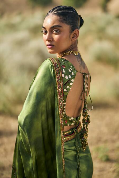 Buy_Punit Balana_Green Silk Embroidery Square Neck Ranthambore Print Saree Blouse Set 