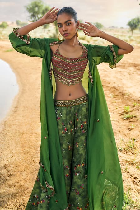 Shop_Punit Balana_Green Satin, Organza, Silk Embroidery, Ranthambore Print Cape Sharara Set _at_Aza_Fashions