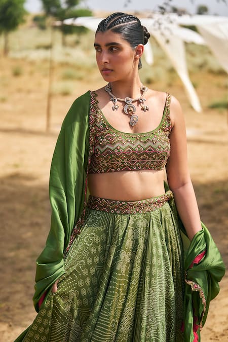 Punit Balana_Green Chanderi Silk, Organza Embroidery Scoop Neck Bandhani Print Lehenga Set _Online_at_Aza_Fashions