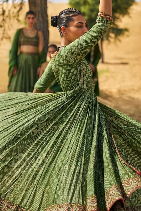 Punit Balana_Green Chanderi Silk, Organza Embroidery The Pakeezah Bandhani Print Angrakha Set _Online_at_Aza_Fashions