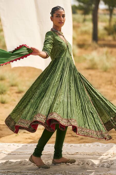 Buy_Punit Balana_Green Chanderi Silk, Organza Embroidery The Pakeezah Bandhani Print Angrakha Set _Online_at_Aza_Fashions