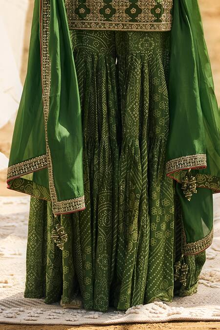Punit Balana_Green Chanderi Silk, Organza Embroidery Scoop Noor Marodi Kurta Sharara Set _Online_at_Aza_Fashions