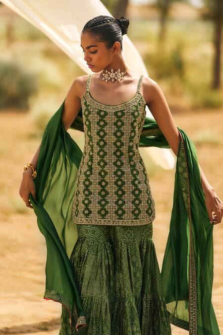 Shop_Punit Balana_Green Chanderi Silk, Organza Embroidery Scoop Noor Marodi Kurta Sharara Set _Online_at_Aza_Fashions
