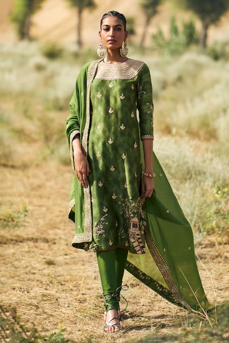 Shop Punit Balana Green Chanderi Silk, Organza Embroidery Round Neck Marodi Kurta Churidar Set at Aza Fashions Shop_Punit Balana_Green Chanderi Silk, Organza Embroidery Round Neck Marodi Kurta Churidar Set _at_Aza_Fashions