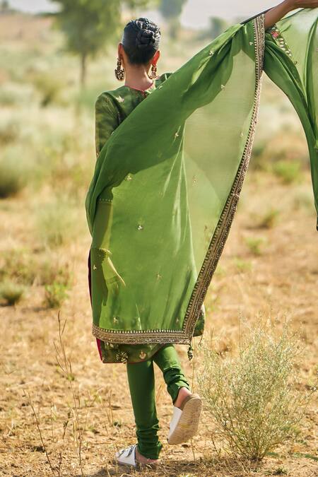 Punit Balana Green Chanderi Silk, Organza Embroidery Round Neck Marodi Kurta Churidar Set Online at Aza Fashions Punit Balana_Green Chanderi Silk, Organza Embroidery Round Neck Marodi Kurta Churidar Set _Online_at_Aza_Fashions