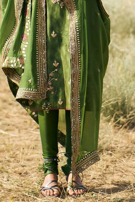 Shop Punit Balana Green Chanderi Silk, Organza Embroidery Round Neck Marodi Kurta Churidar Set Online at Aza Fashions Shop_Punit Balana_Green Chanderi Silk, Organza Embroidery Round Neck Marodi Kurta Churidar Set _Online_at_Aza_Fashions