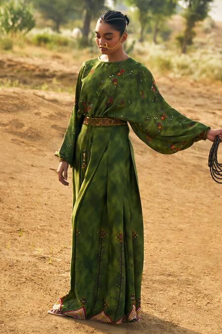 Punit Balana_Green Satin, Silk Embroidery Round Neck Kumari Ranthambore Print Top With Pant _Online_at_Aza_Fashions